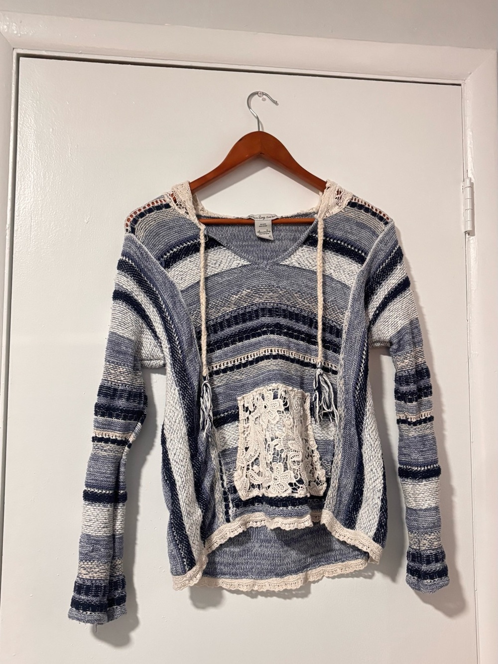 American Rag Cie Boho Baja Hoodie Sweater Blue Striped Crochet Lace S